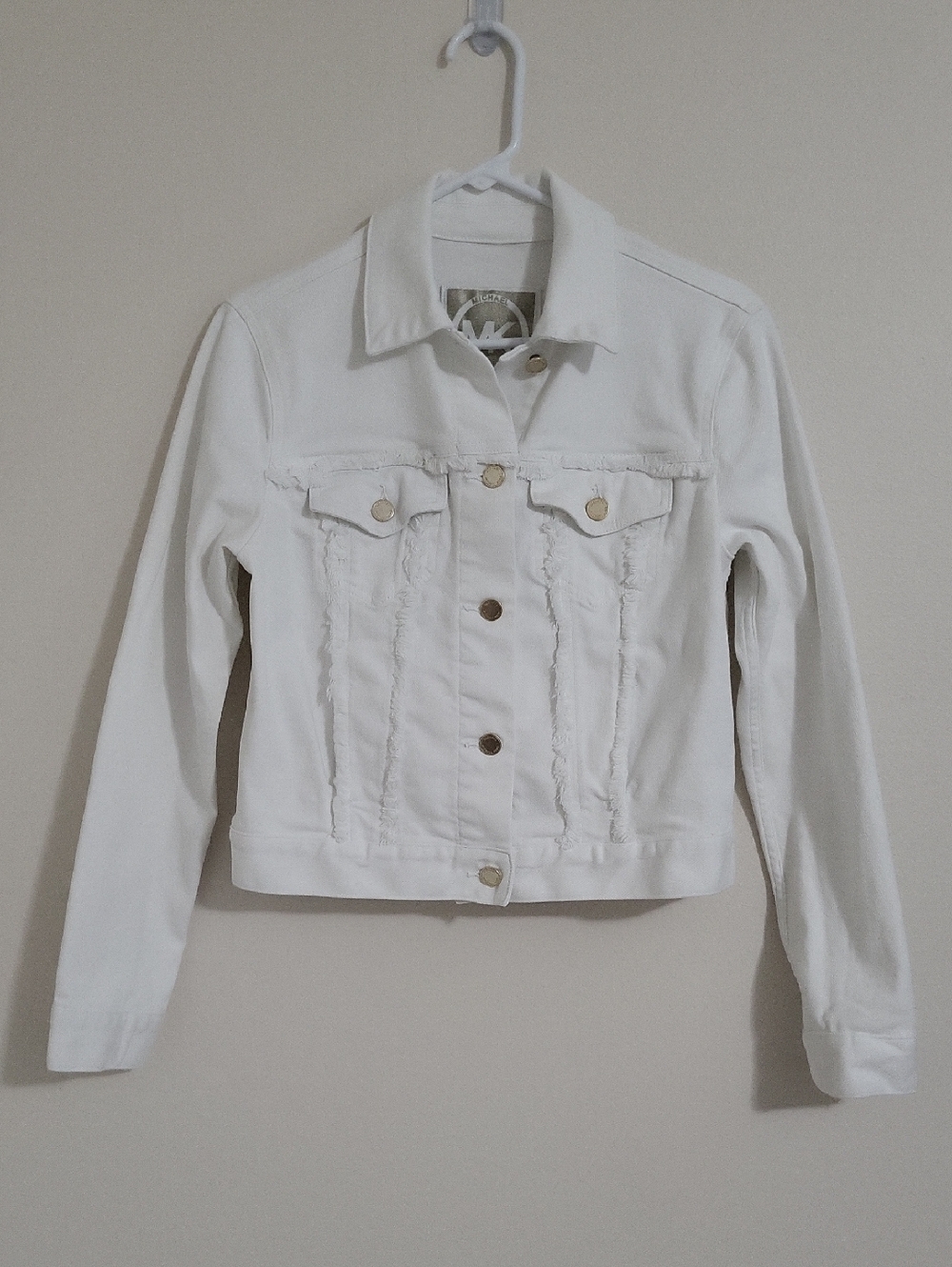 Michael Michael Kors White Jean Jacket With Frayed Trim